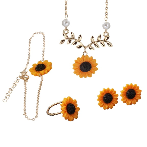 Yesbay 5Pcs/Set Sunflower Pendant Necklace Stud Earrings Ring Bracelet Jewelry-Golden
