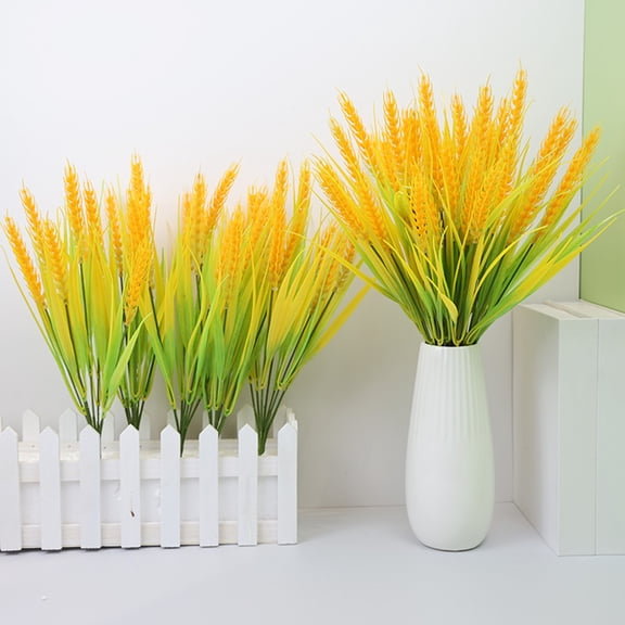 Yesbay 7 Forks Artificial Wheat Ears Rice Plant Bouquet Realistic Simulated Non Water Needed Easy to Care Indoor/Outdoor Decor