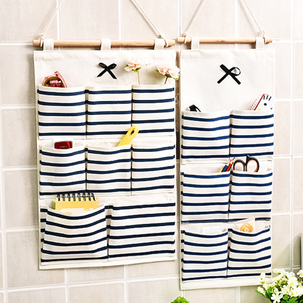 Yesbay 6 Pockets Cotton Linen Fabric Wall Door Hanging Bag Organizer Storage Pouch Blue