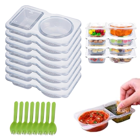 Yesbay 8Pcs Sauce Containers Set Double Compartment Condiment Container with Lids Forks Mini Plastic Snack Containers Dishwasher Safe to Go Snack Container