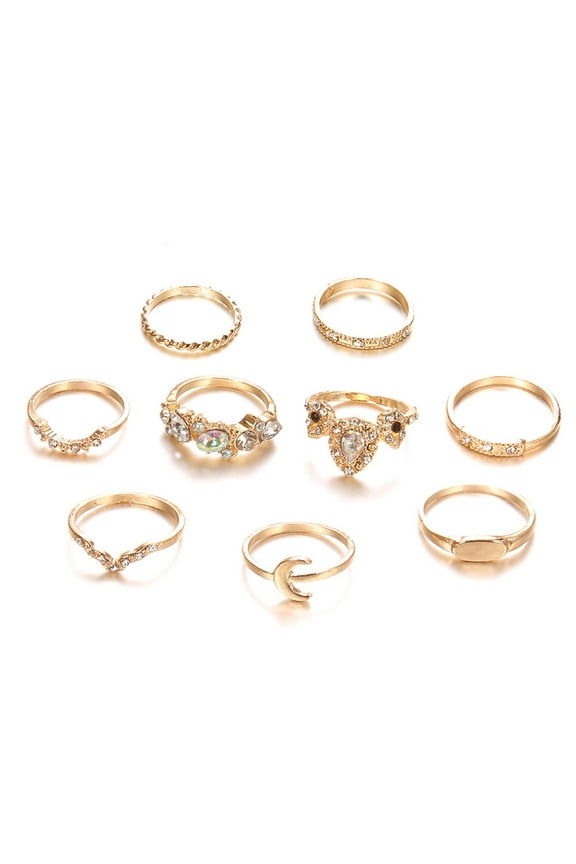 9 Pcs/Set Bohemian Women Moon Crown Rhinestone Knuckle Midi Finger Ring Jewelry
