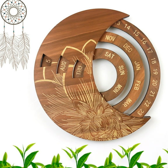Yesbay Adjustable Hand-Carved Round English Wooden Perpetual Wall Calendar