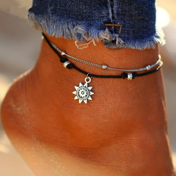 Yesbay Boho Double Layer Anklet Sun Pendent Charm Women Foot Chain Ankle Bracelet,Ankle Chain