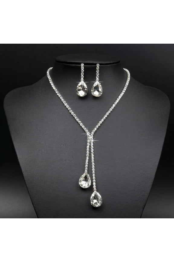 Bridal Wedding Party Rhinestone Waterdrop Pendant Necklace Earrings Jewelry Set,Silver