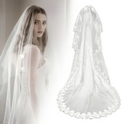 Yesbay Bridal Wedding Veil Lace Flower Embroidery Single Layer Large Long White Romantic Soft Mesh Photo Prop Cosplay Engagement Veil Party Headpiece