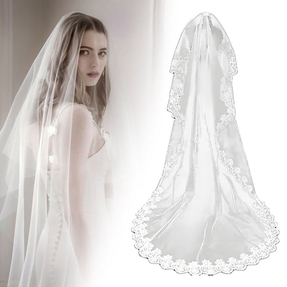 Yesbay Bridal Wedding Veil Lace Flower Embroidery Single Layer Large Long White Romantic Soft Mesh Photo Prop Cosplay Engagement Veil Party Headpiece