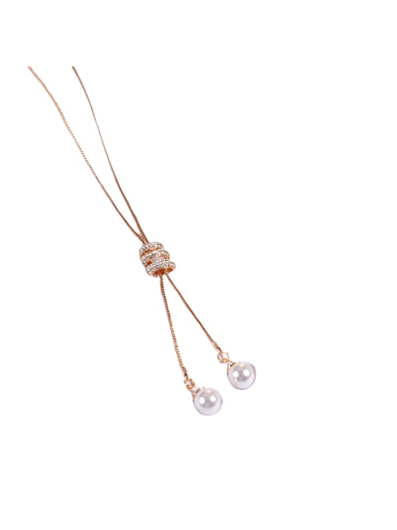 Charm Rhinestone Faux Pearls Pendant Long Necklace Women Sweater Chains-Golden