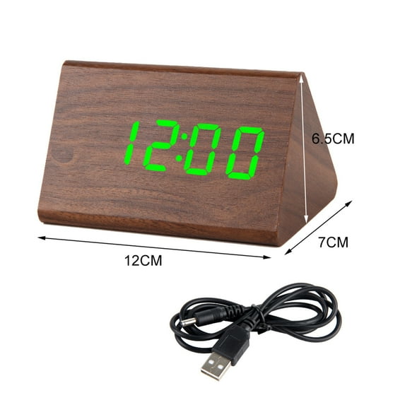 Yesbay Desktop Decor Sound Control USB Rechargeable LED Digital Wooden Alarm Clock,Brown Green Light#