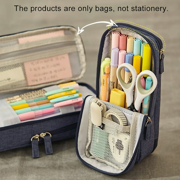 Yesbay Double Layer Stand Pencil Stationery Case Large Capacity Make Up Bag Gift Supply Black