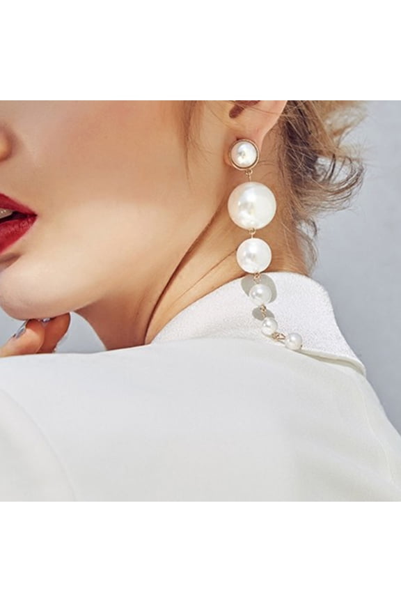 Elegant Faux Pearls Long Earrings Pearls String Linear Dangle Wedding Party Gift-White