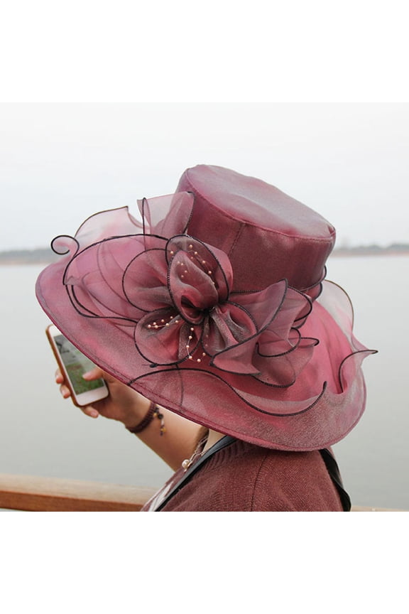 Elegant Lady Wide Brim Flower Sun Hat Women Wedding Tea Party Church Travel Cap