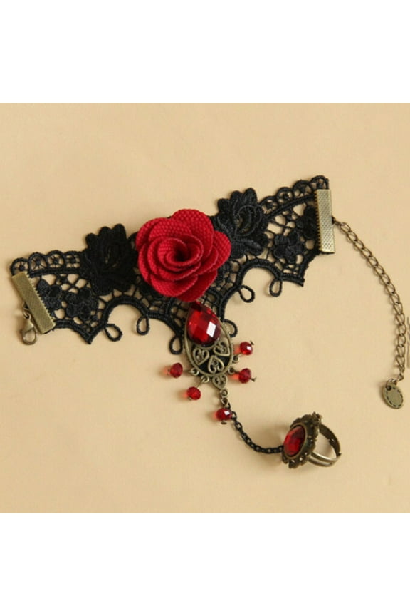 Elegant Women Gothic Style Lace Rose Flower Bracelet with Adjustable Finger Ring-Red