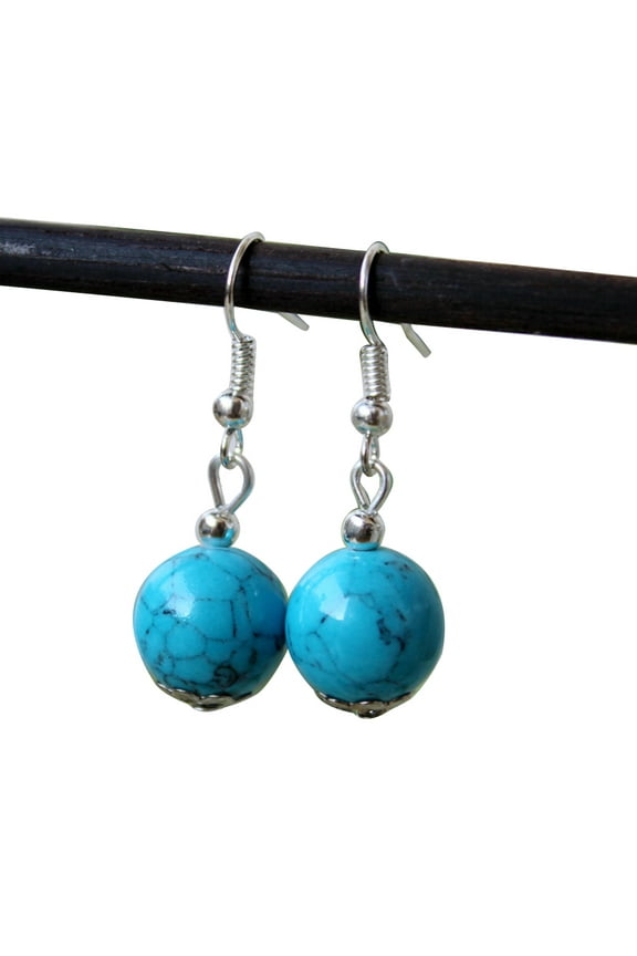 Ethnic Women Round Faux Turquoise Beads Dangle Drop Hook Earrings Jewelry Gift