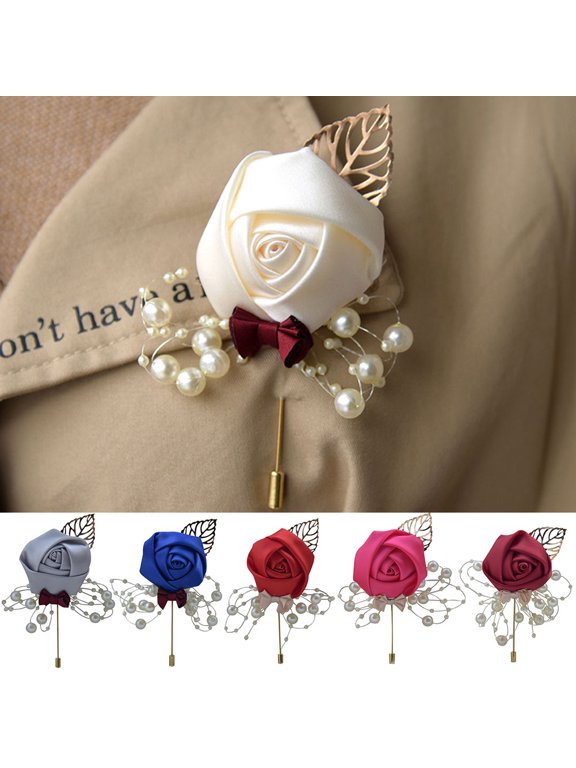 Fake Flower Faux Pearl Boutonniere Wedding Ceremony Bride Groom Corsage Brooch,White