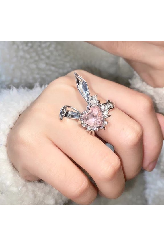 Finger Ring Adjustable Exquisite Rhinestones Pink Heart Rabbit Ear Women Finger Ring Valentine's Day Gift