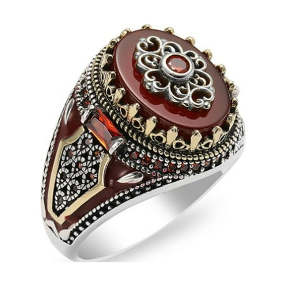 Yesbay Finger Ring Exquisite Accessory Red Stone Retro Two-tone Ring Men Banquet Jewelry Gifts Valentine Day Gift
