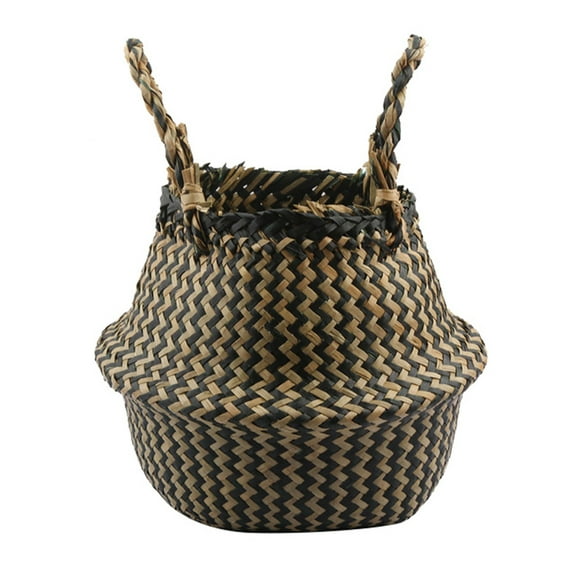 Yesbay Folding Straw Wicker Storage Basket Handle Garden Flower Pot Planter Laundry Bag,Black S