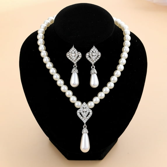 Yesbay Jewelry Set Faux Pearl Earrings Necklace Adjustable Length Rhinestone Decor Polished Prom Party Wedding Party Bride Jewelry