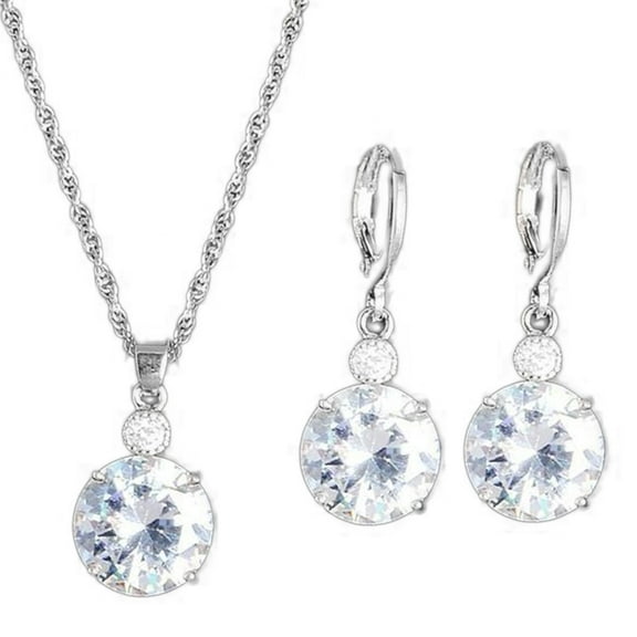 Yesbay Jewelry Set Round Rhinestone Pendant Necklace Bridal Leaverback Earrings,Silver