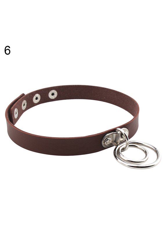 Lady Punk Choker Double Rings Pendant Faux Leather Short Collar Necklace-Coffee