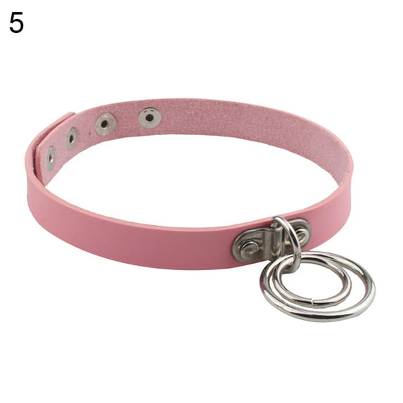 Yesbay Lady Punk Choker Double Rings Pendant Faux Leather Short Collar Necklace-Pink