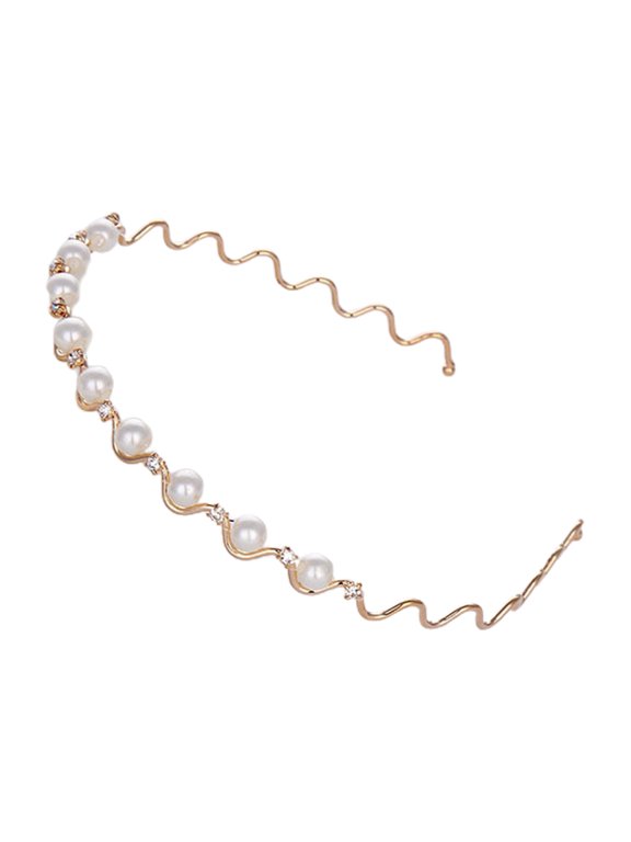 Lady Wavy Headband Non-slip Shiny Faux Pearl Narrow Band Anti-rust Hair Decoration Elastic Party Prom Lady Hair Hoop Hair Accessories