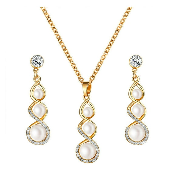 Yesbay Luxurious Jewelry Set Romantic Dangle Earrings Necklace Simulated Pearls Charm Wedding Bridal Bridesmaid Rhinestone Pendant Jewelry