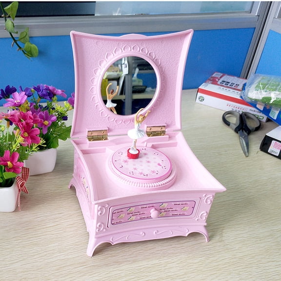 Yesbay Makeup Mirror Drawer Dancing Ballerina Music Box Musical Toy Gift,Jewelry Storage Organizer Music Box,Pink