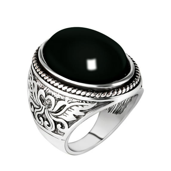 Yesbay Men Vintage Artificial Gem Finger Ring Carving Band Jewelry Party Banquet Gift-Black