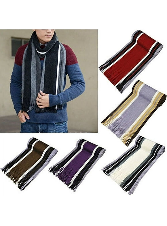 Men's Classic Acrylic Shawl Winter Warm Long Fringe Striped Tassel Scarf Claret