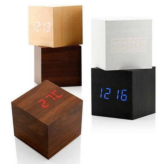 Yesbay Modern Wooden Cube Digital LED Thermometer Timer Calendar Desk Alarm Clock Brown