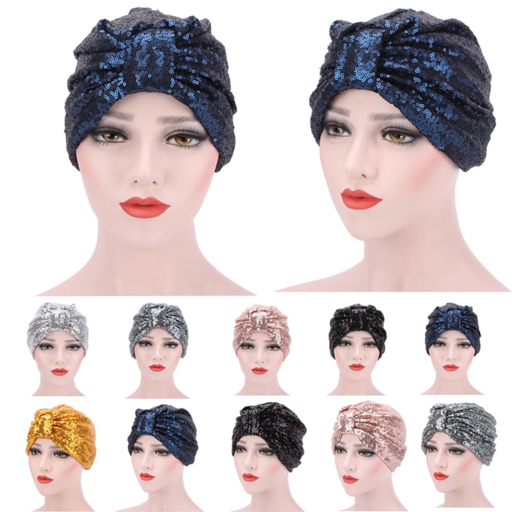 Silver Sequin Womens Stretch Turban Headwrap Chemo Head Scarf Black Hat Headwear Silver Sequin Womens Stretch Turban Headwrap Chemo Head Scarf Black Hat Headwear