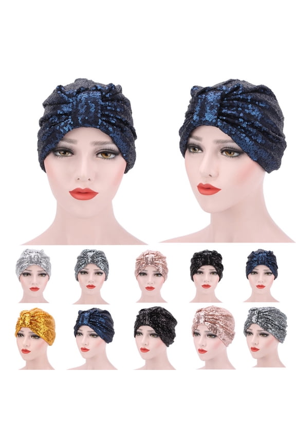 Muslim Indian Women Shiny Sequin Pleated Turban Hat Chemo Cap Bandana Headwrap,Silver