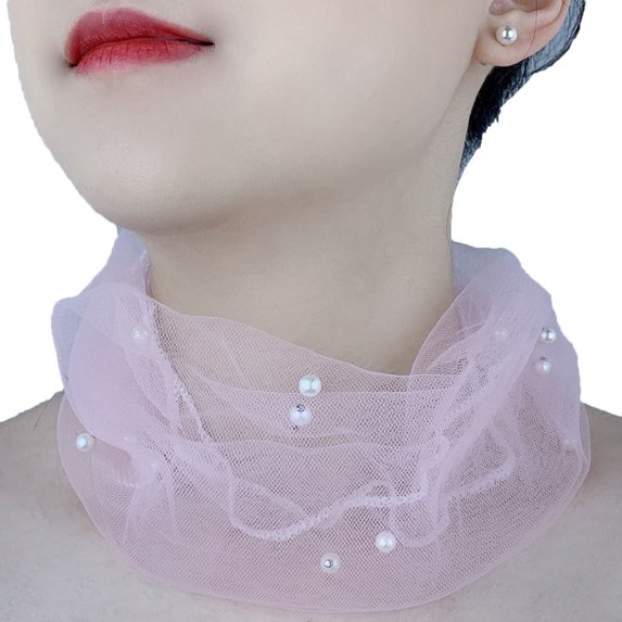 Yesbay Neck Collar Faux Pearls Decor Elastic Organza Lace Scarf Elegant Multi-functional Elastic Neck Wrap