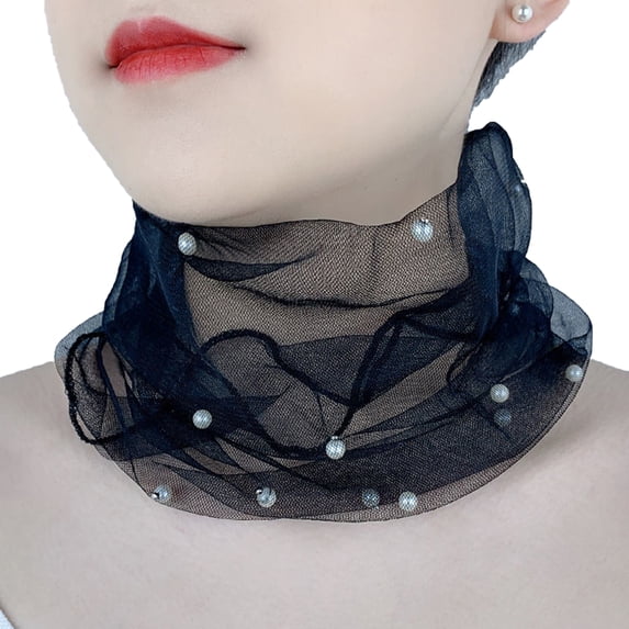 Yesbay Neck Collar Faux Pearls Decor Elastic Organza Lace Scarf Elegant Multi-functional Elastic Neck Wrap