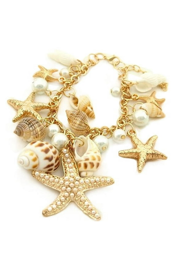 Ocean Style Starfish Sea Star Conch Shell Faux Pearl Chain Summer Beach Bracelet-