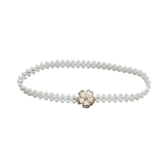 Yesbay Pearl Belt for Women Rhinestone Floral Pearl Decorative Waist Chain Sweet Dress Elastic Belt Elegant Party Accessory