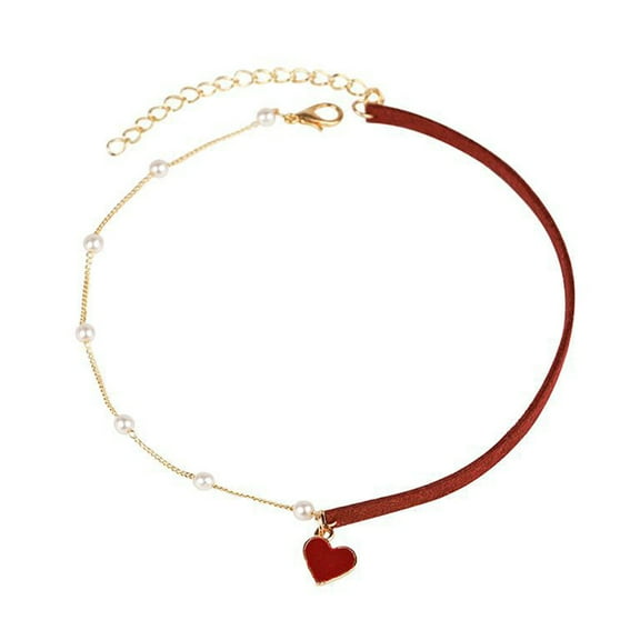 Yesbay Pendant Necklace Personality Asymmetric Beads Geometric Temperament Red Love Heart Faux Pearl Choker Necklace Jewelry Accessory