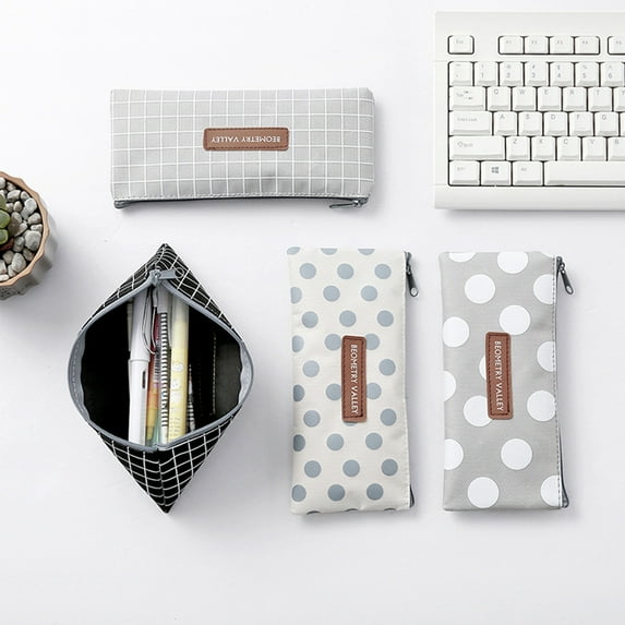 Yesbay Plaid Dot Pattern Zipper Pen Bag Holder Pencil Case Stationery Storage Pouch White Dot
