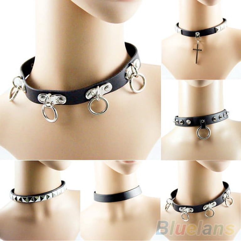 Yesbay Punk Gothic Black Faux Leather Choker Cross Spike Rivet