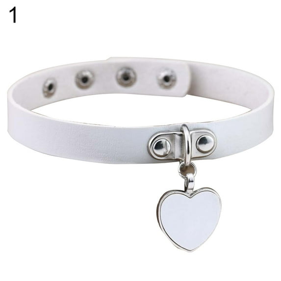 Yesbay Punk Gothic Women Love Heart Pendant Faux Leather Choker Collar Necklace Bracelet-White