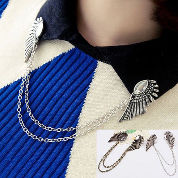 Yesbay Retro Collar Clip Punk Chain Tassel Blouse Shirt Angel Wing Tips Pin Brooch,Collar Clip