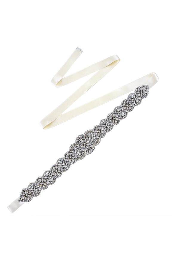 Rhinestone Bridal Sash Waist Belt with Satin Ribbon for Wedding Party Dress,Ivory