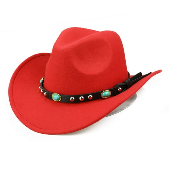 Yesbay Rivet Roll Up Wide Brim Western Cowboy Cow Hat Sombrero Jazz Cap,Red