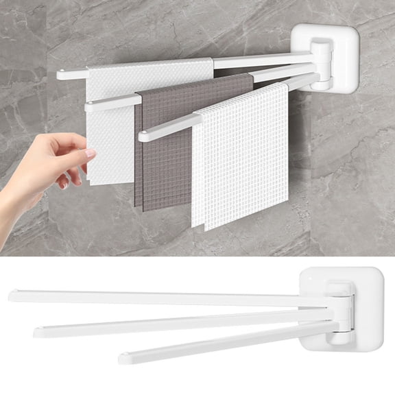 Yesbay Rotating Towel Rack 3 Poles 180 Degree Rotation Wall-mounted Punch-free Bathroom Bath Ball Kitchen Dish Rag Utensil Holder Wardrobe Organizer