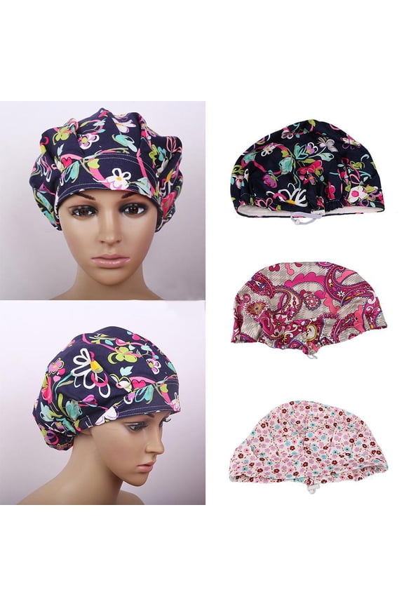 Scrub Cap Floral Print Breathable Cotton Adjustable Bouffant Hat for Beautician,2#
