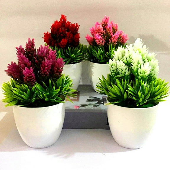 Yesbay Simulation Plant Potted Podocarpus Pine Small Bonsai Fake Flower Garden Decor,Purplish Red