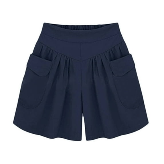 Yesbay Summer Solid Color Elastic Waist Casual Loose Shorts with Pocket,Navy Blue XL