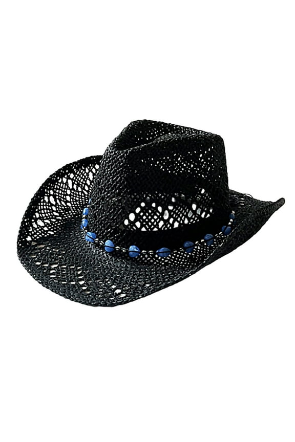 Summer Straw Hat Hollow Out Foldable Adjustable Bead Decor Curled Edge Windproof Strap Western Cowboy Style Outdoor Cap