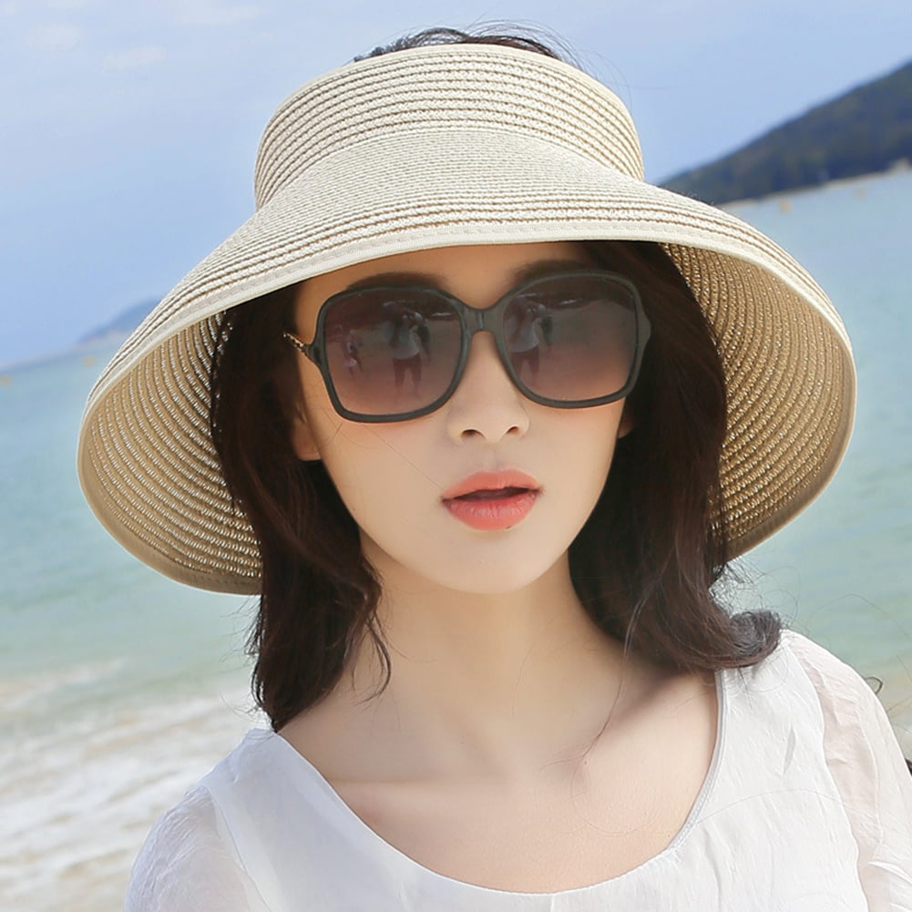 Yesbay Summer Women Wide Brim Visor Sun Hat Anti-UV Foldable Cap Wide  Outdoor Beach Hat,Rose-Red Stripe 